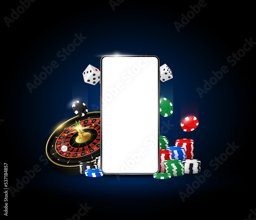 Online casino on mobile. Games roulette poker chips and Dice. Smartphone screen copy space for text vertical. On black background. Internet gambling concept. 3D realistic vector.