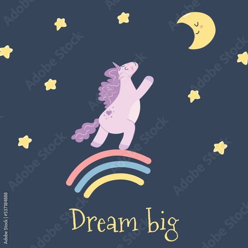 Cute unicorn on rainbow with kawaii moon and stars in cartoon flat style. Vector illustration of baby horse  pony animal and lettering in purple color for fabric print  apparel  children textile