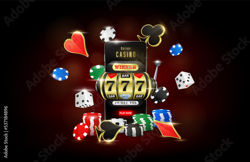 Online casino. Slot machine in smartphone, roulette, poker chips and playing cards flying. On black background. Gambling on mobile concept. 3D realistic vector illustration.