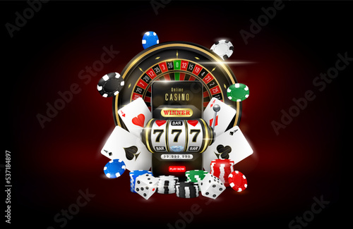 Online casino. Slot machine roulette, poker chips and playing cards flying smartphone. On black background. Gambling on mobile concept. 3D realistic vector illustration.
