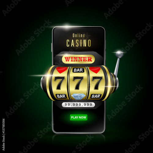Slot machine golden in smartphone on black background. Online casino on mobile. Internet gambling concept. Design poster to ad 3D realistic vector.
