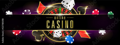 Website banner design for online casino gambling. Background poster to advertising games roulette, poker chips and playing cards flying. 3D realistic vector illustration.