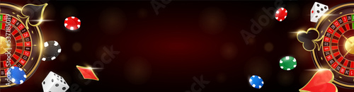 Website banner design online casino gambling with copy space for text. Background poster to advertising games roulette, poker chips and playing cards flying. 3D realistic vector illustration.