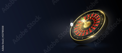 Website banner design online casino with copy space for text. Casino roulette wheel float isolated on black background. Online poker gambling concept. Poster to advertising 3D realistic vector.