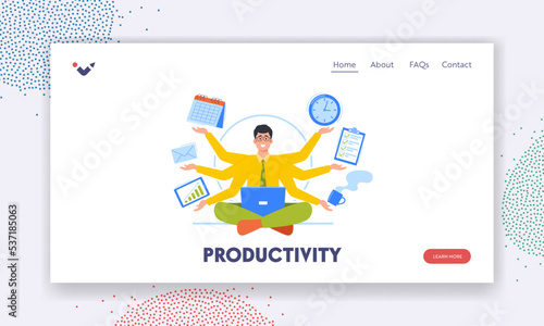 Multitasking, Productivity, Effective Time Management Landing Page Template. Businessman With Many Arms