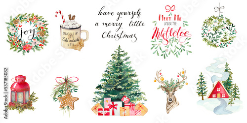 Christmas and new year watercolor decoration. Hand-painted illustration set. Postcards, invitations, posters, prints design.