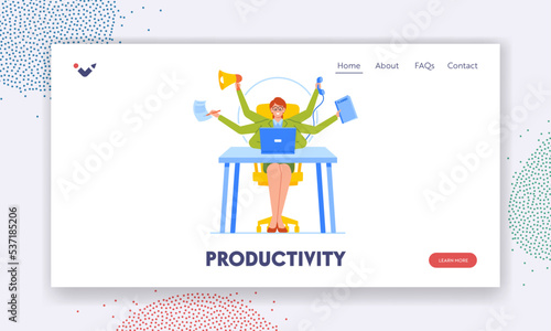 Productivity Landing Page Template. Worker Multitasking Skills, Time Management, Business Woman With Many Arms Work