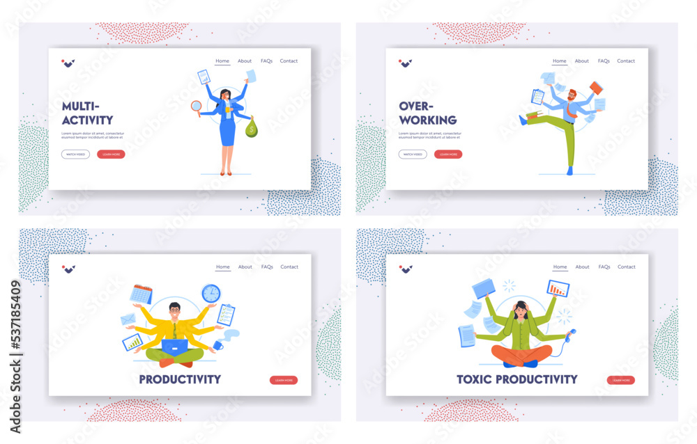Worker Multitasking Skills Landing Page Template Set. Business People With Many Arms Doing Multiple Tasks At Same Time