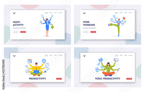 Worker Multitasking Skills Landing Page Template Set. Business People With Many Arms Doing Multiple Tasks At Same Time