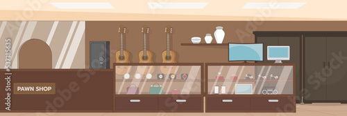 Cute and nice design of Pawnshop with furniture and interior objects vector design photo