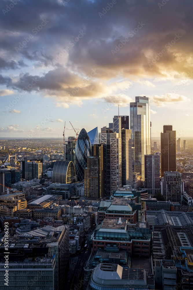 The modern office skyscrapers at the City of London, England, during sunset time