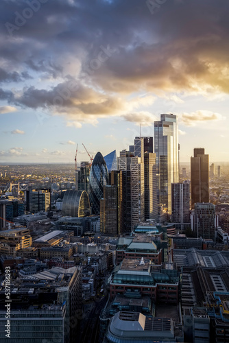 The modern office skyscrapers at the City of London, England, during sunset time