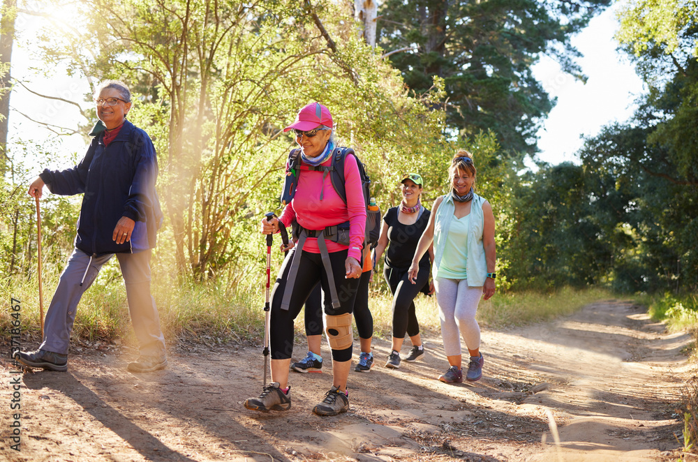 Hiking, walking and senior women in a forest or woods on a hiking trail