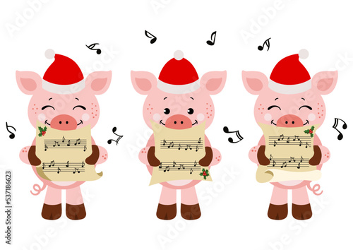 Group of cute pigs chorus singing Christmas songs