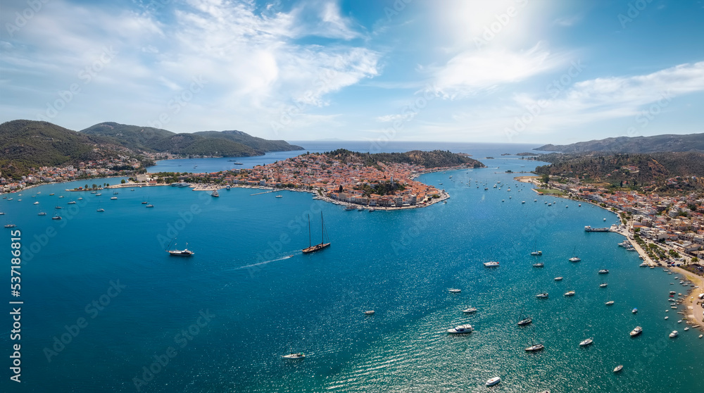 Aerial view of the bay and town of Poros island and the village Galatas right opposite to it, Saronic Gulf, Greece