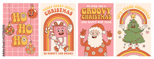 Groovy hippie Christmas. Santa Claus, tree, gift, rainbow, ho ho ho in trendy retro cartoon style. Merry Christmas and Happy New year greeting card, poster, print, party invitation, background.