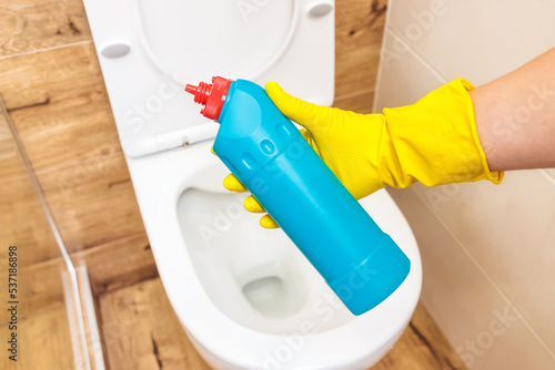 mockup, toilet cleaner, blue bottle of liquid product with place for label
