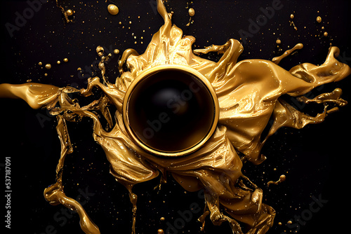 3D rendering, golden liquid, metallic moving liquid spray, heart shaped gel, golden splash clip art, artistic paint, abstract design elements isolated on black background. Luxury Beauty Concept 
