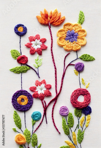 Colorful flowers made by embroidery. Pop and casual design. Cards and posters for children and women.
