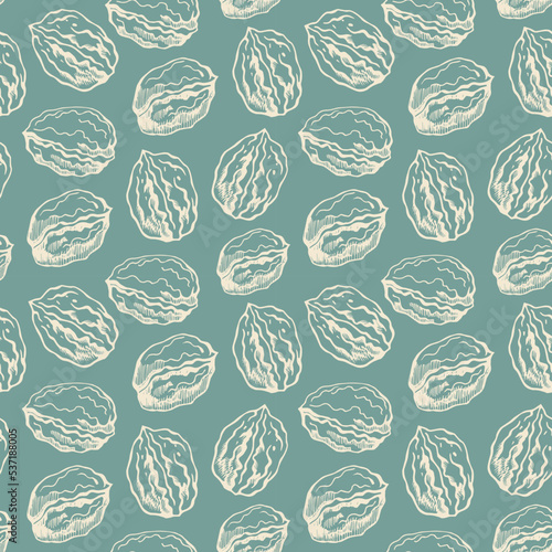Vector seamless pattern with walnuts on a turquoise background. Vegan food illustration.