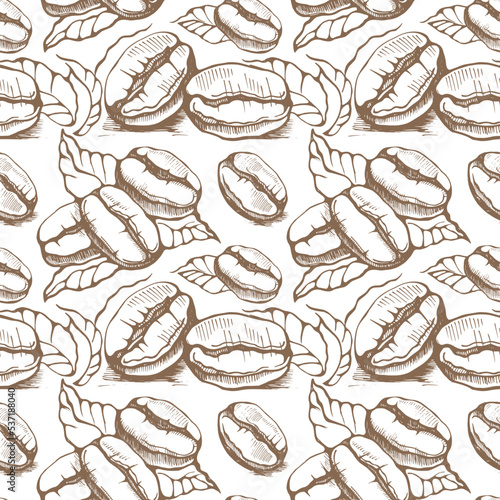 Seamless pattern with coffee beans on a white background. Hand drawn vector illustration.