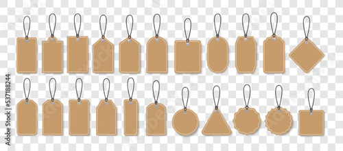 Price tag icons collection.Set of blank paper price tags or gift tags .Paper labels set isolated on transparent. Discount tags.Cardboard.Vintage.Craft brown paper labels.Eco.