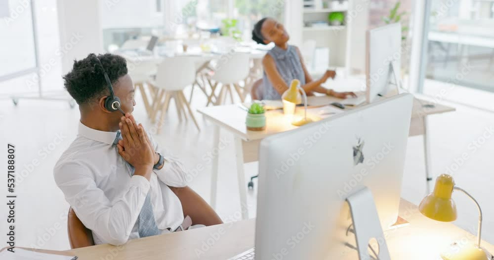 Customer service, telemarketing and sales with a black man consultant using a headset while on a care call. Crm, contact us and consulting with a young male employee working in his support office Customer service, telemarketing and sales with a black man consultant using a headset while on a care call. Crm, contact us and consulting with a young male employee working in his support office