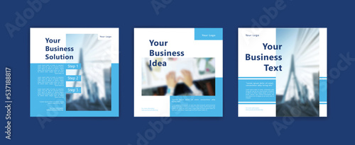 Social media post template for business with white and blue elements.