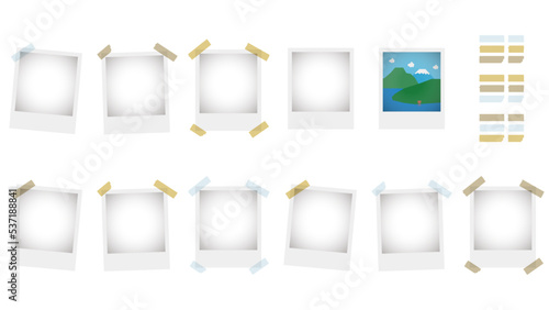 古さや汚れに応じた各色のテープが貼られたインスタントカメラのフィルムのベクターイラスト素材のセット　背景レイヤー無し