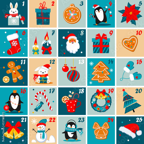 December advent calendar. Christmas poster with Christmas simbols. Vector template. photo