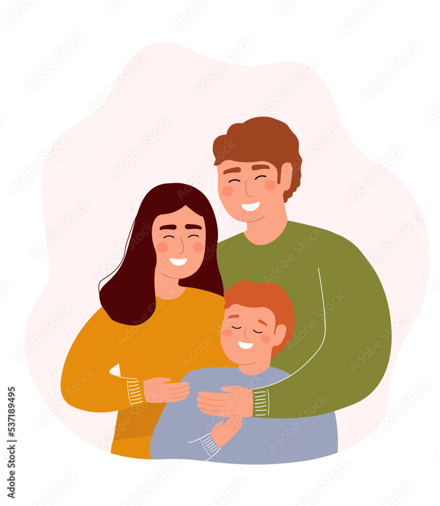Obraz premium Happy family hugs. Mom, Dad, son together. Vector graphics.