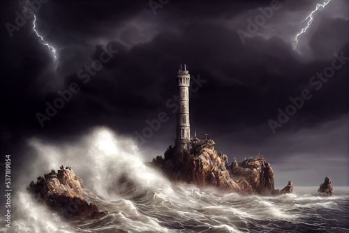  Lighthouse during heavy storm. Digital art