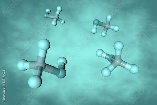 Methanol or methyl alcohol. Molecular model on turquoise background. Scientific background. 3d illustration