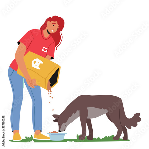 Volunteer Female Character Feeding Dog Pour Nutrition From Package To Bowl Young Friendly Woman Giving Food to Puppy