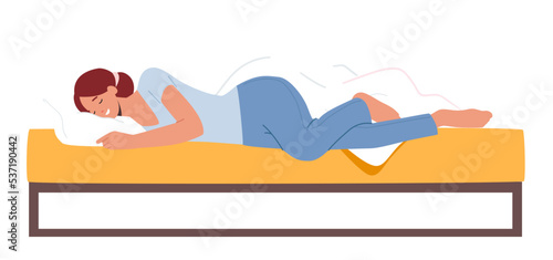 Girl Sleep on Side with Bent Legs. Female Character Sleeping Pose, Woman Wear Pajama Sleep Lying in Comfortable Bed