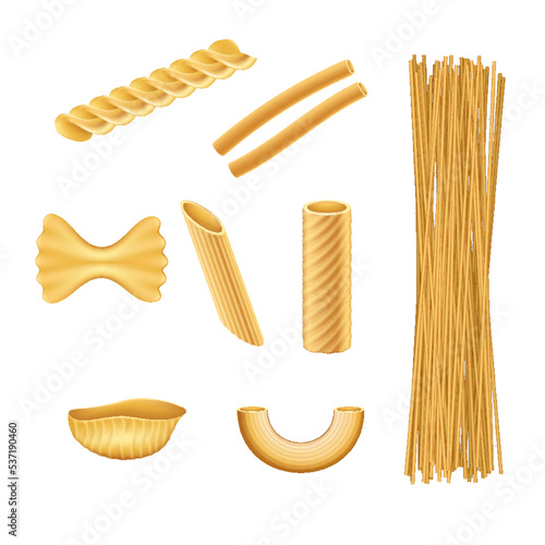 Pasta realistic set. Italian food farfalle fusilli macaroni cook ingredients of traditional cuisine