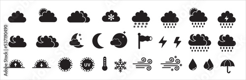 Weather icons. Weather forecast icon set. Simple flat design for application and website button. Contains symbol of sunrise, sunset, sun, moon, rainfall, blizzard, snow, umbrella. Vector illustration