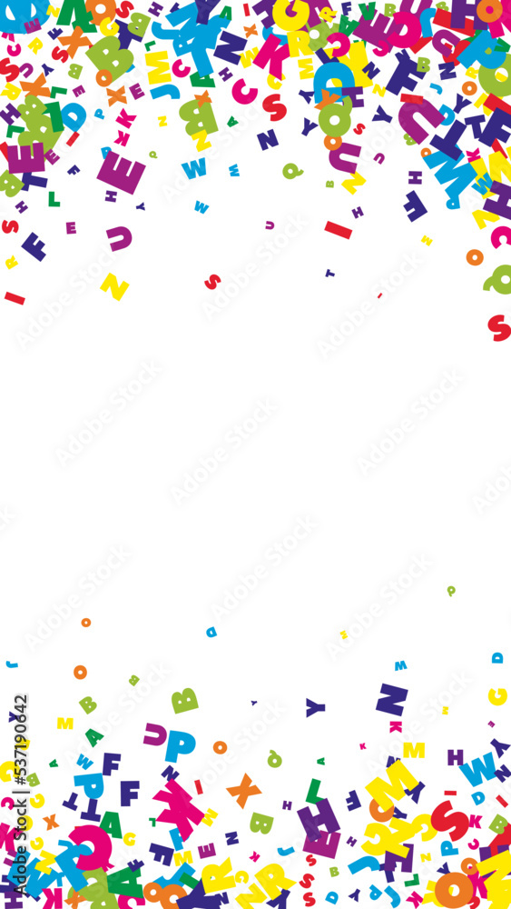 Falling letters of English language. Bright flying words of Latin alphabet. Foreign languages study concept. Worthy back to school banner on white background. Falling letters of English language. Bright flying words of Latin alphabet. Foreign languages study concept. Worthy back to school banner on white background.