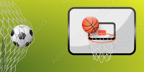 Basketball and football hitting goal. Soccer ball in gate, in basket hoop on green background