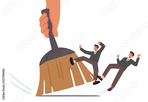 Downsnizing, Dismissal or Reduction Company Personnel Business Concept. Huge Boss or Leader Hand with Brush Sweep Team