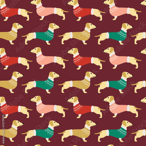 cute colourful Christmas dachshund dog nordic sweater winter seamless repeat pattern on red background