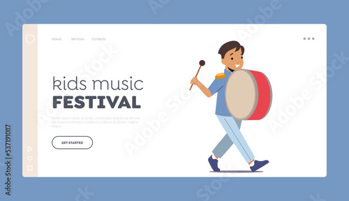 Kids Music Festival Landing Page Template. Musician Boy Character Walking with March Playing Drum, Military Orchestra