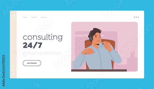 Online Consulting Landing Page Template. Hotline Call Center, Customer Service Staff in Headset Work, Technical Support