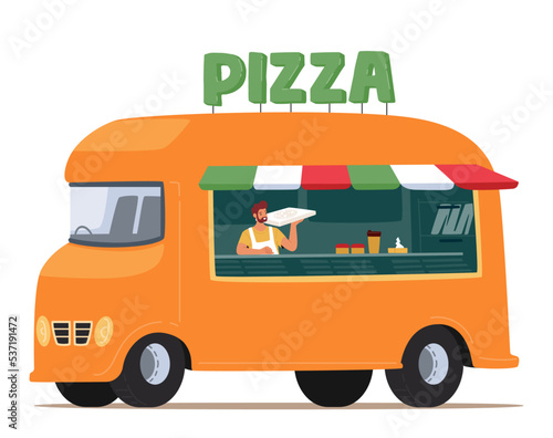 Pizza Van, Street Market Food Truck, Mini Pizzeria Restaurant, Mobile Bus Shop, Foodtruck Marketplace, Takeaway Pizza