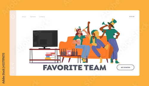 Favorite Team Landing Page Template. Football Fans Cheer and Watching Match Sit on Couch at Home. Excited Friends Group