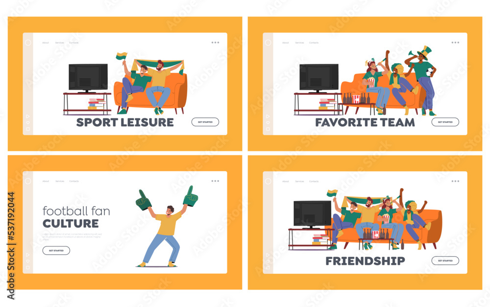 Football Fans Landing Page Template Set. Group of Happy People Cheering for their Favorite Team Vector Illustration