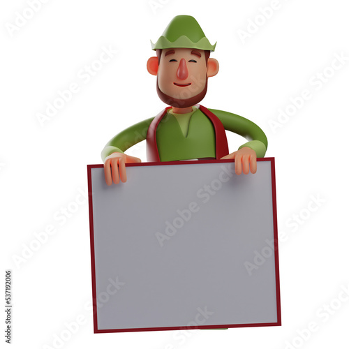 3D illustration. 3D Elf character with blackboard. standing with eyes closed. with a cute smile. 3D Cartoon Character