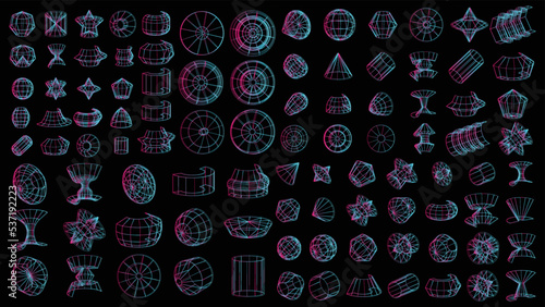 Set of abstract geometric technology elements in cyberpunk style. Retro vintage collection virtual digital design. Texture 80s vr. Futuristic metaverse pattern. Vector isolated template background