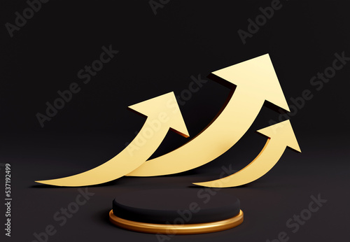 Black cylinder podium with golden up-arrows in black background. Stand to show products. Stage showcase with copy space. Business Growth Concept in minimal style. 3D rendering.