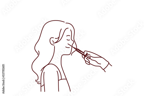 Beautician doctor with syringe make injection to woman face in salon. Female patient have botox procedure in saloon. Medicine and beauty concept. Vector illustration. 